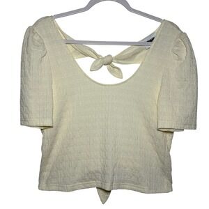 Cream Textured Puff Sleeve Tie Back‎ Crop Top Shirt